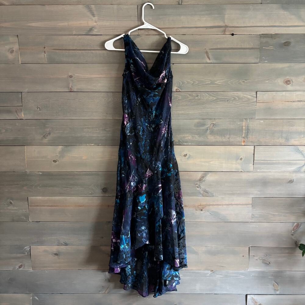 ALEX EVENINGS | Beaded Maxi Dress Abstract Print Asymmetric Ruffle Hem Sz 4 P